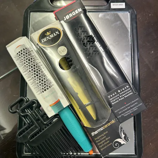 Assorted Hairdressing Brushes, Combs & Back Mirror